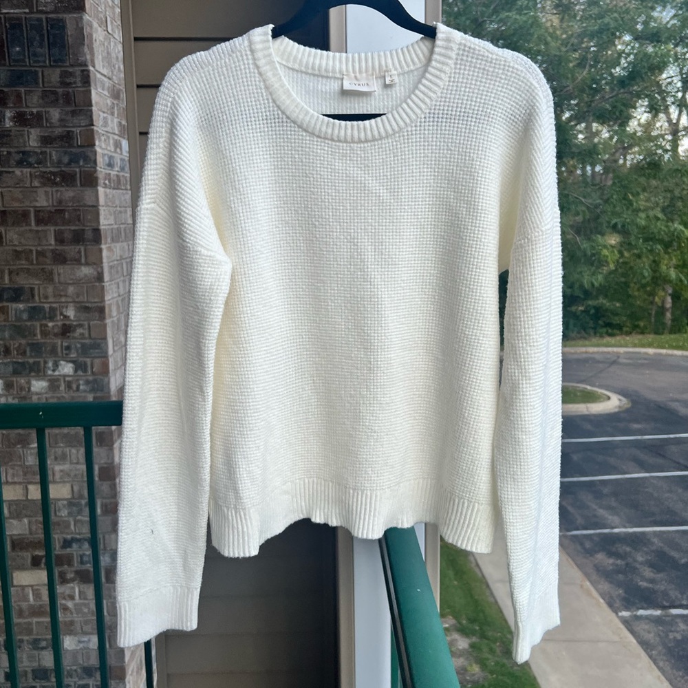 🆕 ✨ CYRUS Ivory Textured Waffle Knit Crewneck Sweater Size L Soft Cozy Classic - Picture 3 of 15